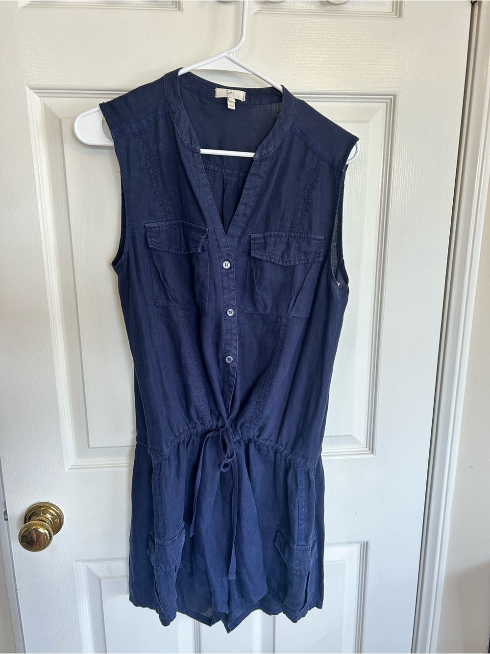Joie Navy Linen Sleeveless Button-Front Tie-Waist Romper | Size L